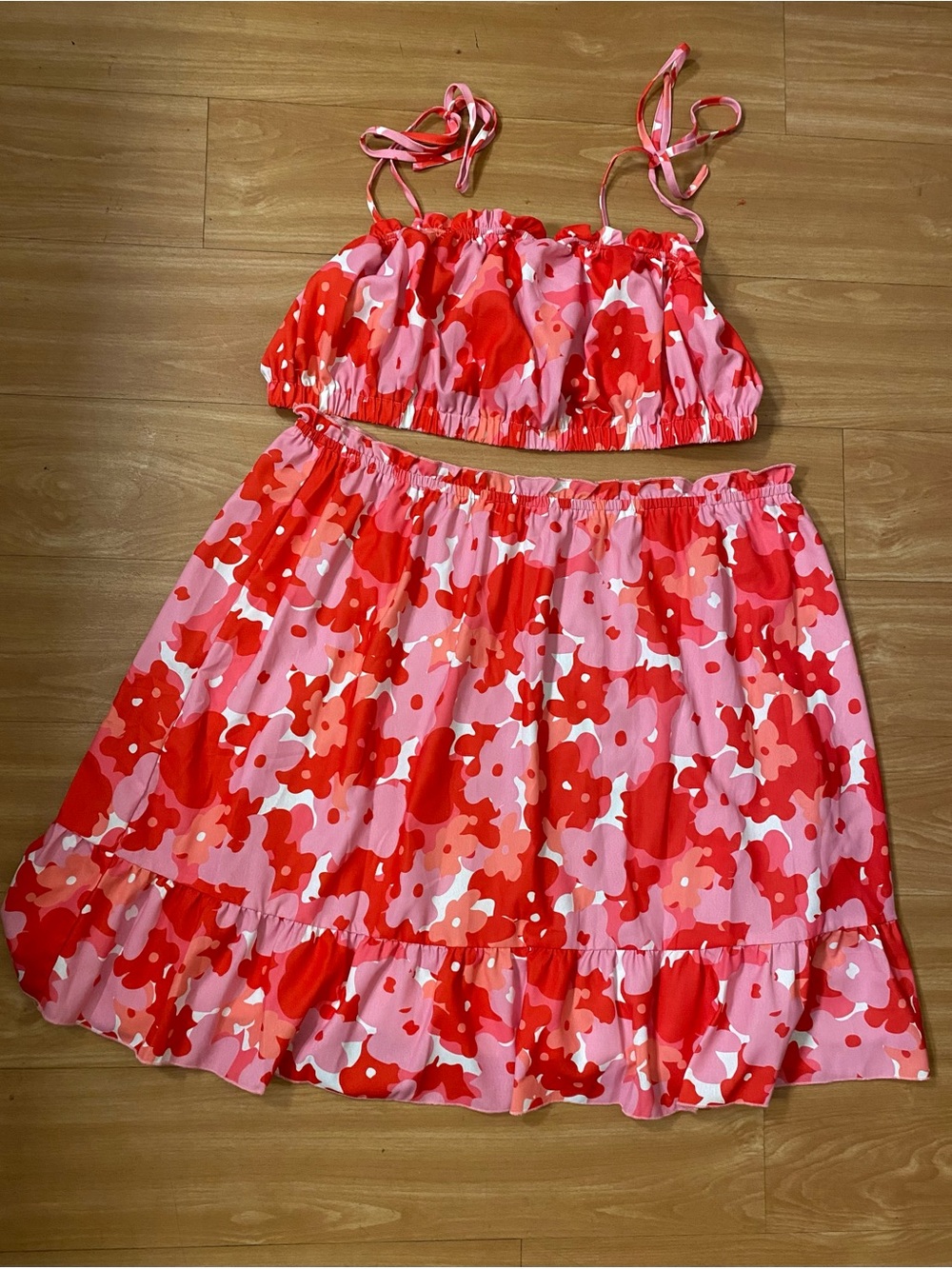 Pink and Red Floral Two-Piece Crop Top & Skirt Set